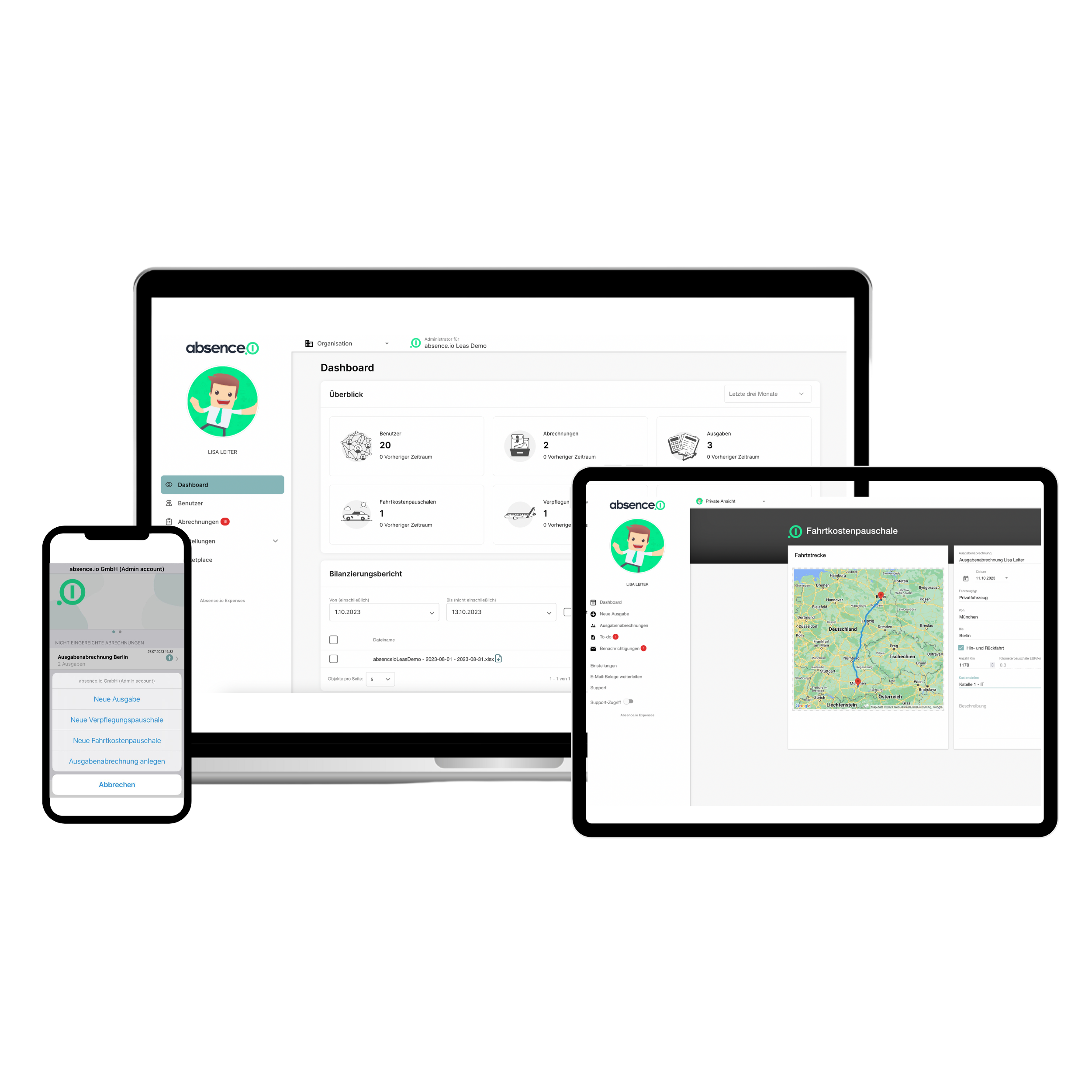 Die Software zur Reisekostenabrechnung von absence.io auf Laptop, Smartphone und Tablet (iOS und Android).