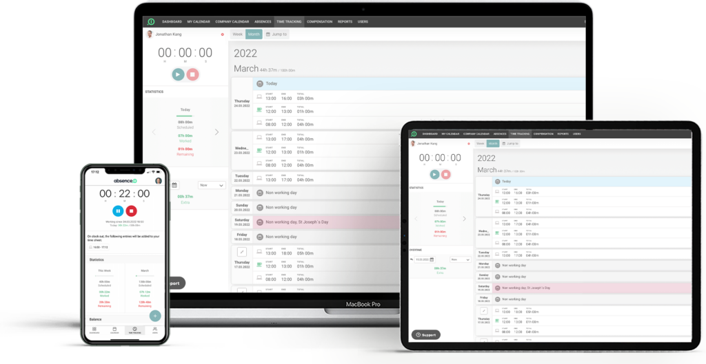 The time tracking app absence.io on different devices