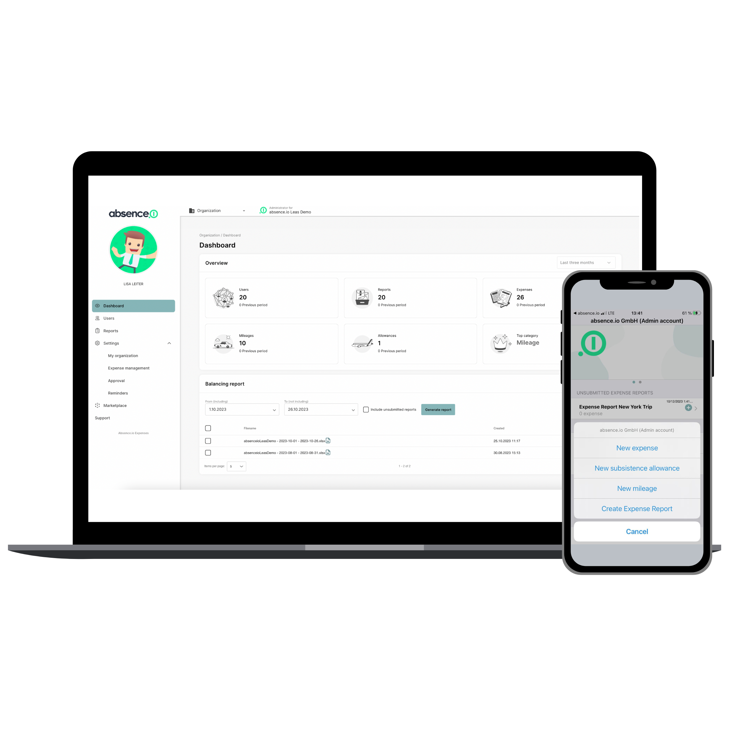 The travel expense reporting app from absence.io on a MacBook and an iPhone.