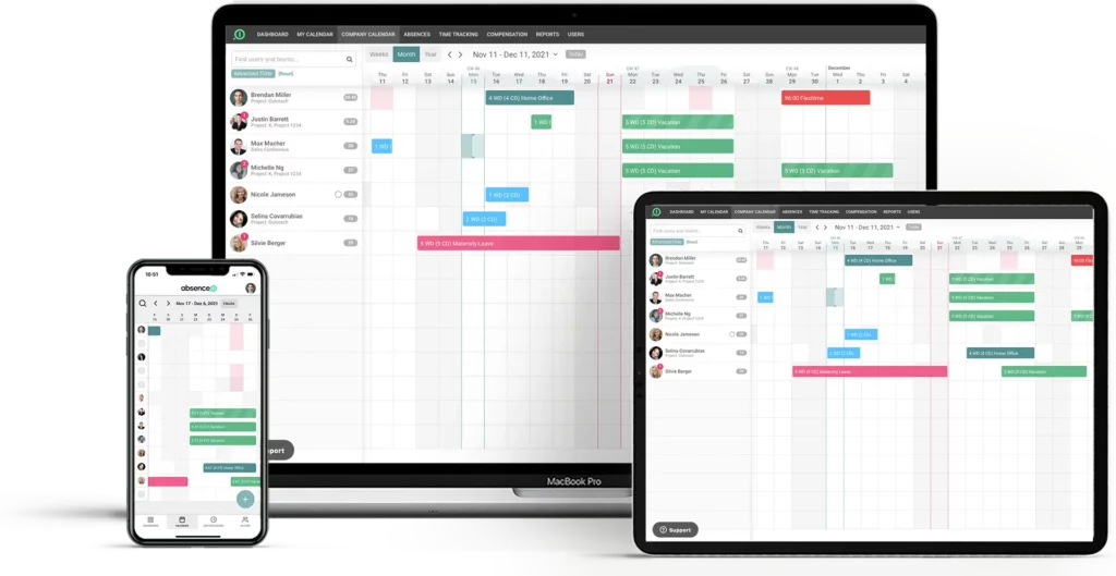 El planificador de vacaciones digital de absence.io en un MacBook, un iPhone y un iPad. Los tres dispositivos muestran el calendario de ausencias.