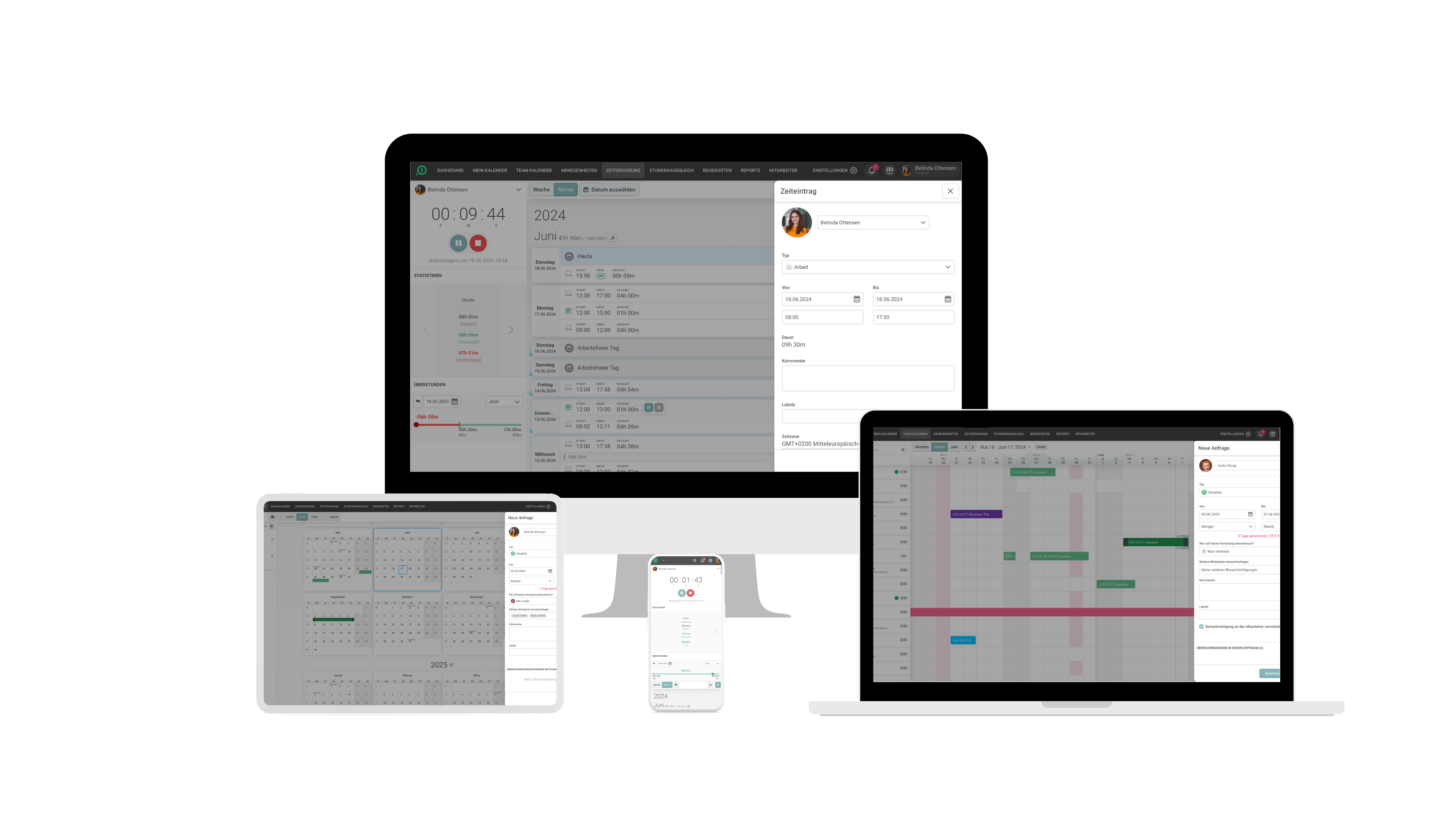 Auf dem Bild ist die Software absence auf verschiedenen Endgeräten zu sehen. Auf einem iMac sieht man, wie ein Zeiteintrag erstellt wird. Auf einem MacBook sieht man einen Teamkalender mit verschiedenen Abwesenheiten. Auf einem Tablet sieht man einen persönlichen Abwesenheitskalender. Auf einem iPhone sieht man die Stoppuhr der Arbeitszeiterfassung. 