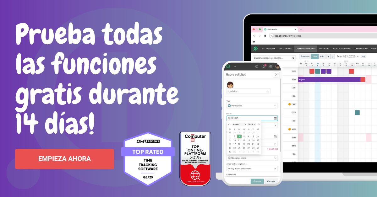 En el banner se muestra la gestión digital de ausencias y vacaciones de absence.io en un ordenador portátil y un smartphone. Al lado aparece el mensaje de que se pueden probar todas las funciones de absence.io gratis durante 14 días.