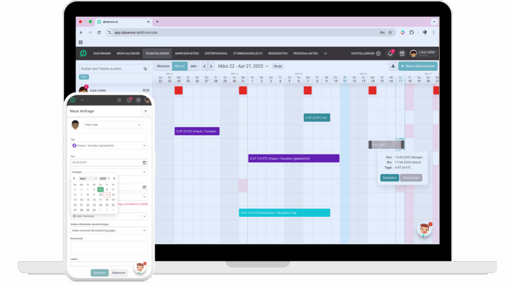 Die digitale Urlaubsverwaltung und Abwesenheitsverwaltung von absence.io auf einem Laptop und einem Smartphone. Der Laptop zeigt einen Teamkalender und das Smartphone zeigt, wie gerade ein Urlaub erstellt und eingetragen wird. 