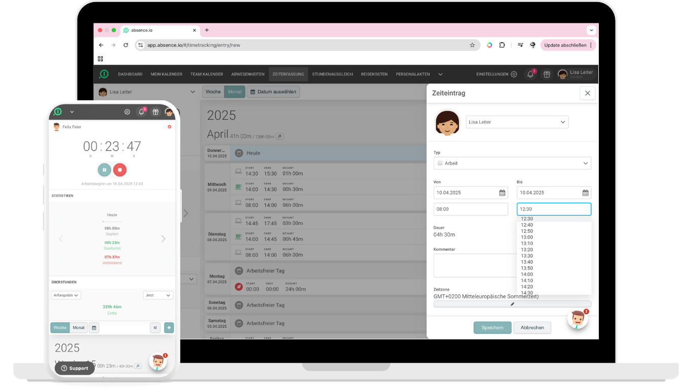 Die digitale Zeiterfassung von absence.io als Desktop- und Mobile-App. Auf einem Laptop sieht man ein Arbeitszeiten-Profil. Auf einem Smartphone sieht man die digitale Stoppuhr mit laufender Arbeitszeit. 