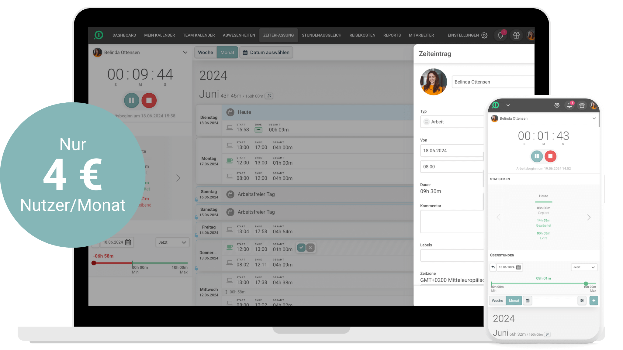 Die Zeiterfassung, Software und App, von absence.io auf einem Laptop und einem Smartphone. Auf dem Laptop sieht man, wie gerade eine Arbeitszeit eingetragen wird. Auf dem Smartphone sieht man eine laufende Stoppuhr. Auf einem runden Badge ist zu sehen, dass die Zeiterfassung von absence.io nur 4 € pro Nutzer und Monat kostet. 