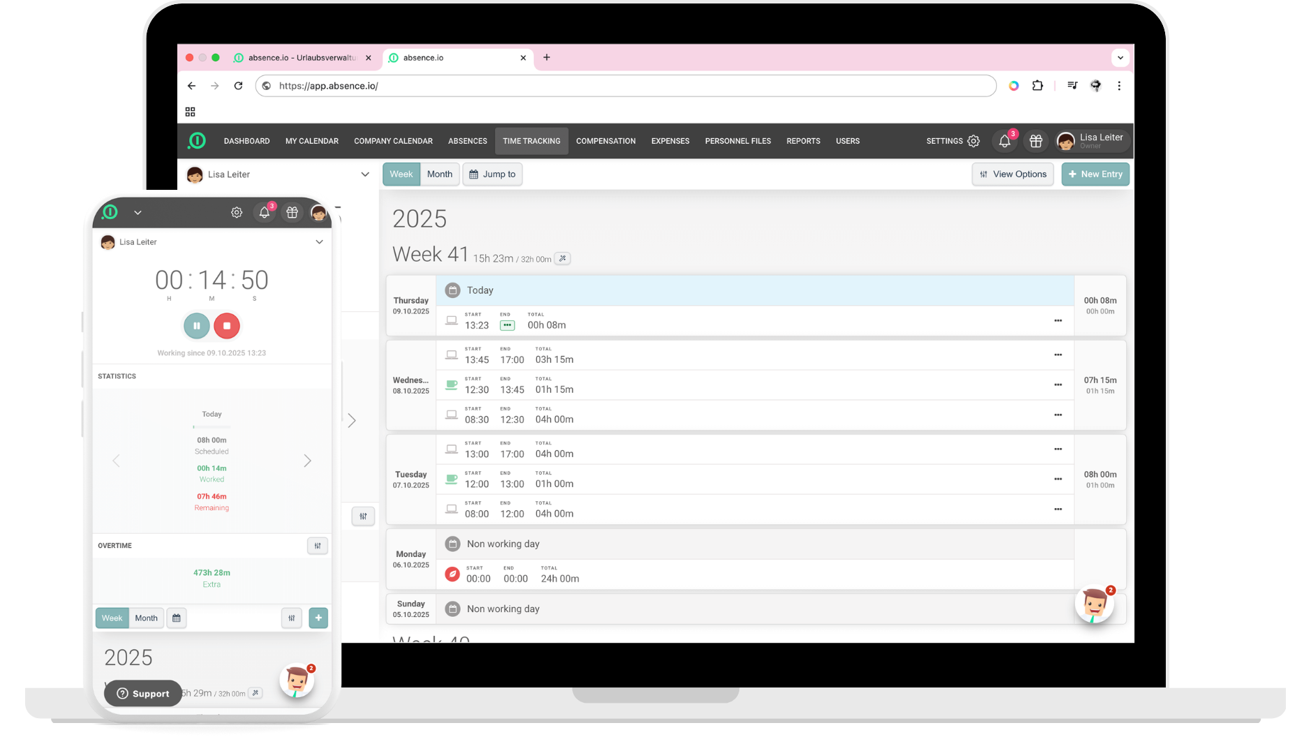 The digital time tracking tool by absence.io as a desktop and mobile app. On the laptop screen, a working hours profile is displayed. On the smartphone, a digital stopwatch shows the running work time.