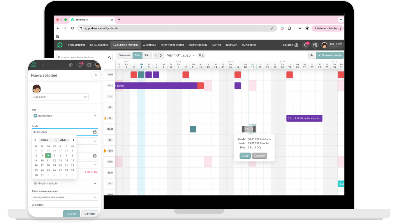 La gestión de ausencias y vacaciones de absence.io en un ordenador de escritorio y un smartphone. En la pantalla del ordenador se muestra un calendario de equipo, y en el smartphone se ve cómo un empleado está registrando unas vacaciones.