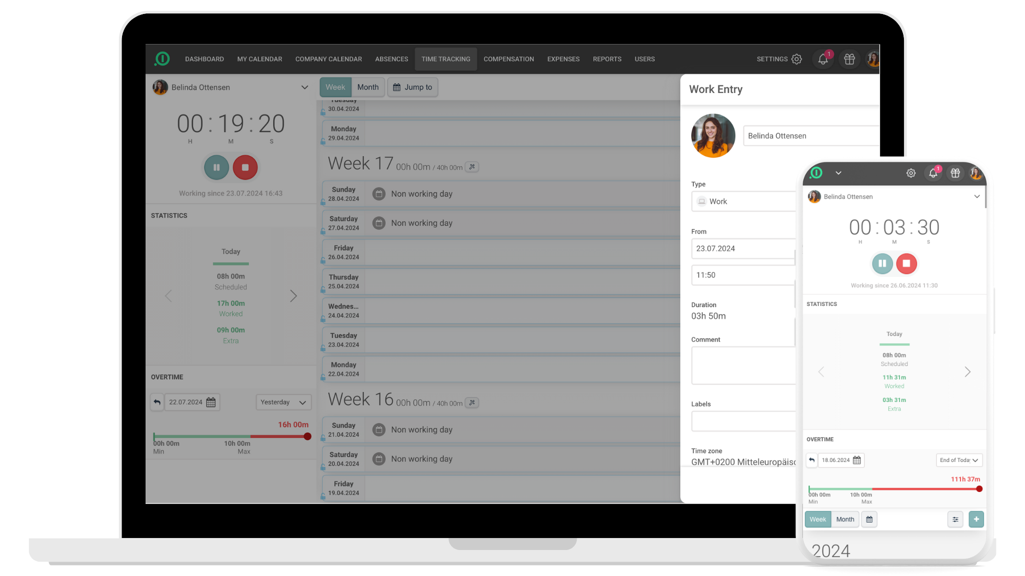 The mobile time tracking feature of absence.io is displayed on a desktop and a smartphone. The desktop shows how a time entry is created, and the smartphone displays the mobile stopwatch for starting and stopping work time.