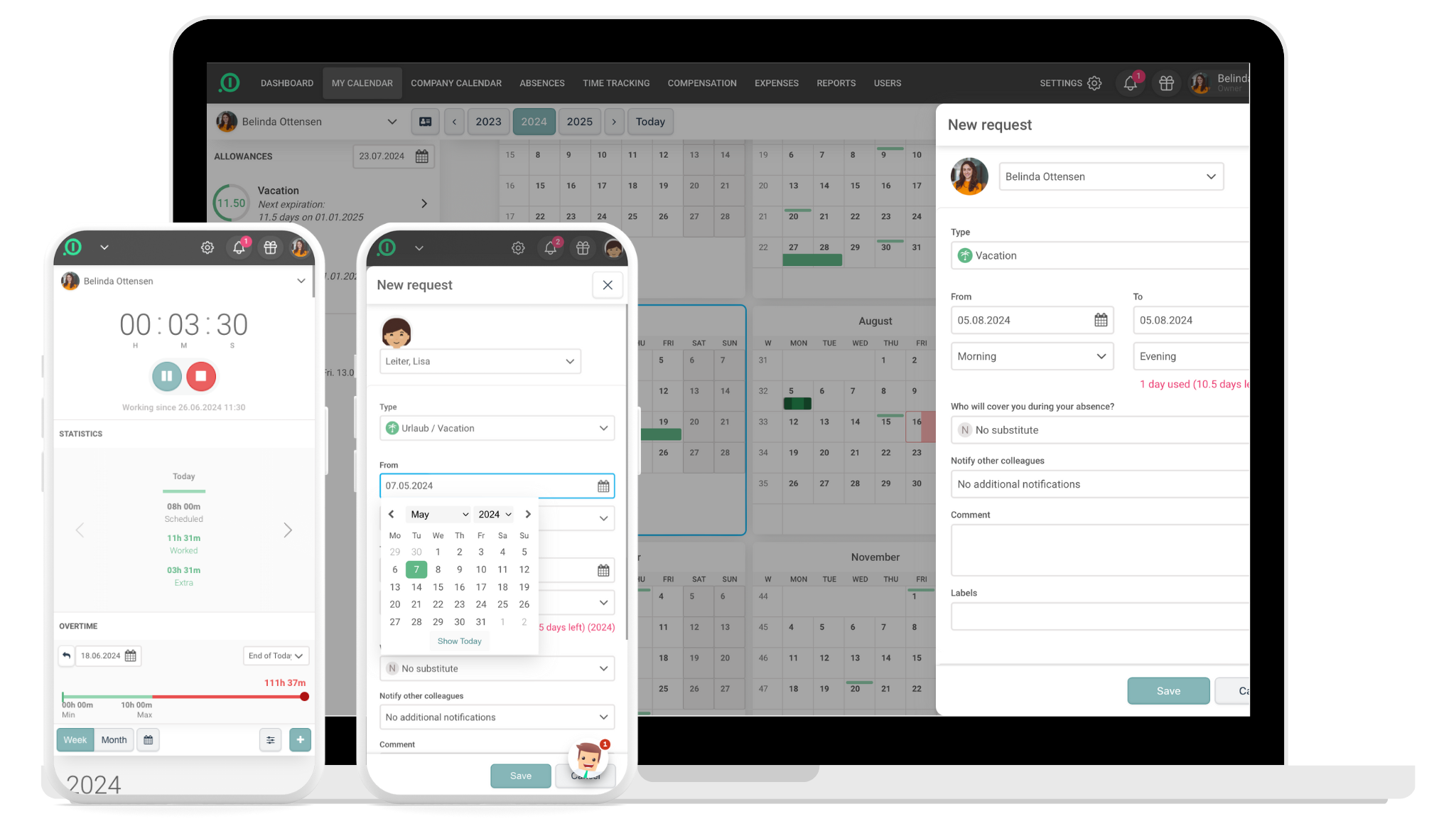 The absence management and time tracking of absence.io on a smartphone and a laptop On one smartphone you see the digitale time tracking mobile app. On the other smartphone you see how a vacation request is created. the laptop shows a team absence calendar. 